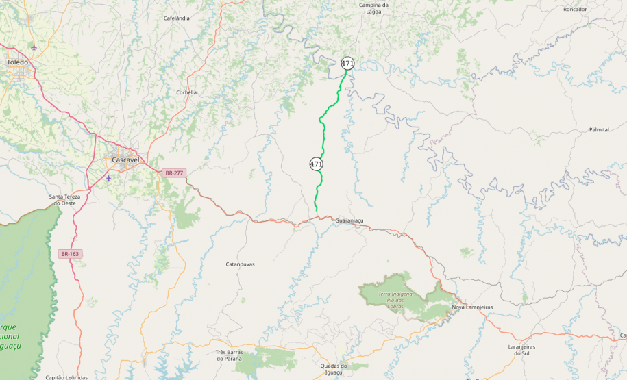 Mapa indicando o trecho contemplado da PR-471 em Guaraniaçu
