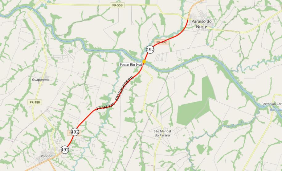 Mapa indicando trecho da PR-492 Ponte sobre o Rio Ivaí entre Paraíso do Norte e Rondon
