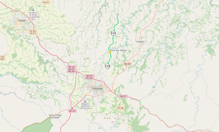 Localização da nova ponte sobre o Rio Melissa na PR-180 em Cascavel