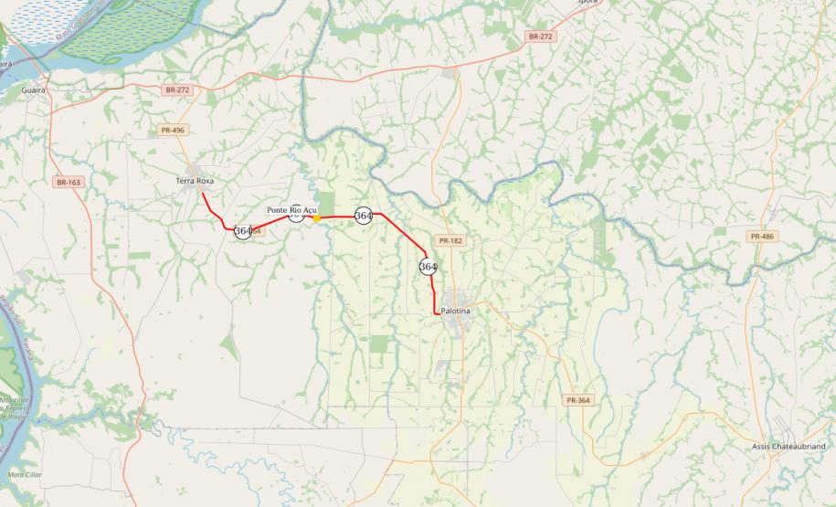 Mapa com a localização da ponte sobre o Rio do Açu na PR-364 em Terra Roxa