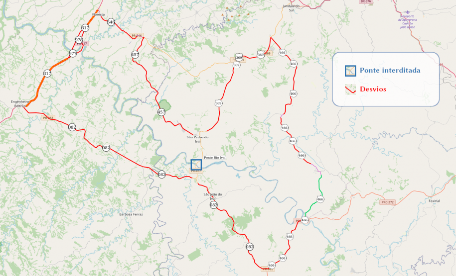 Mapa indicando a ponte e sugestões de desvios