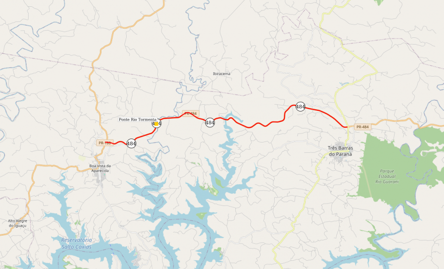 Mapa indicando localização da ponte sobre o Rio Tormenta, na PR-484, entre Três Barras do Paraná e Boa Vista da Aparecida