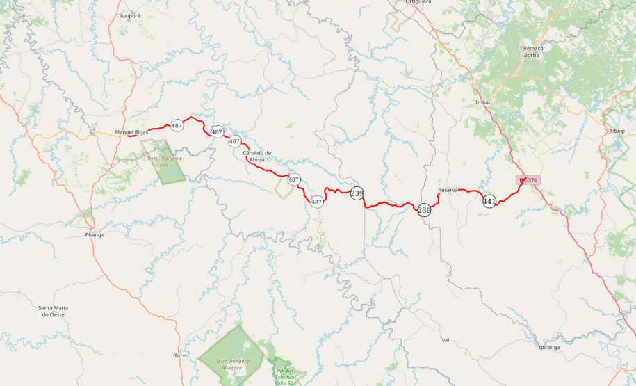 Mapa indicando trechos atendidos entre Manoel Ribas e Reserva