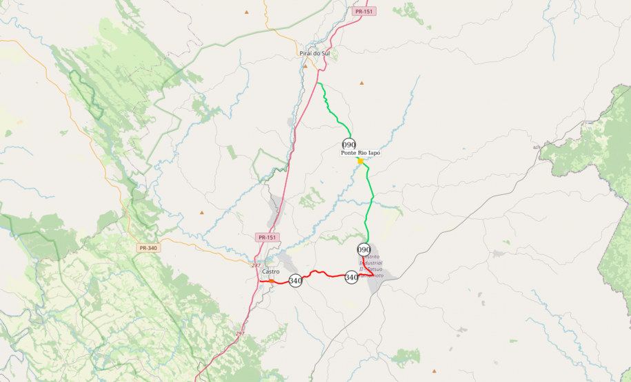Mapa indicando localização da ponte sobre o Rio Iapó em Castro