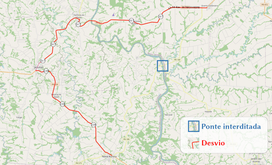 Mapa indicando bloqueio e rota alternativa