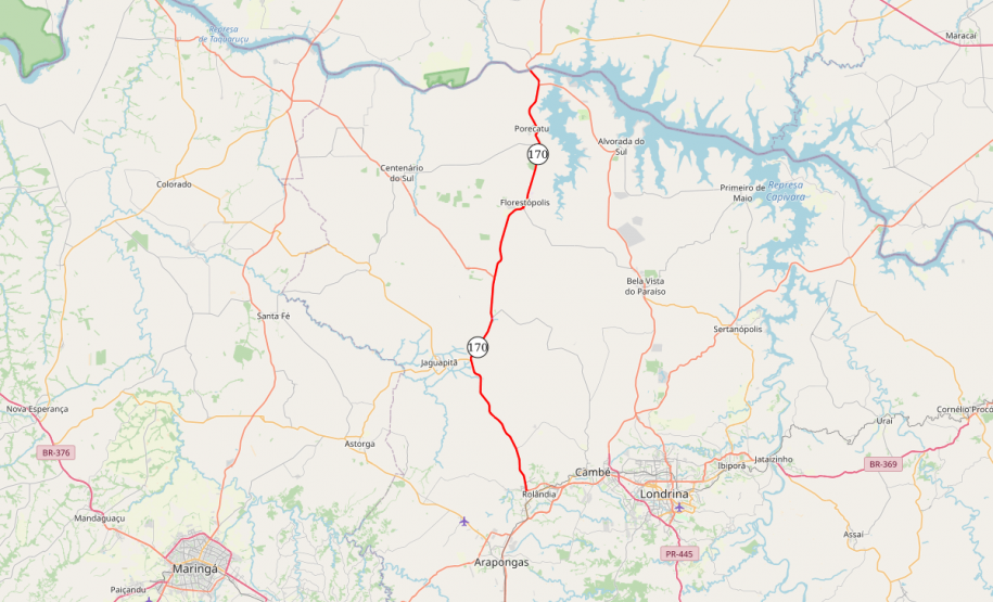 Mapa indicando trecho da PR-170 entre Rolândia e Porecatu