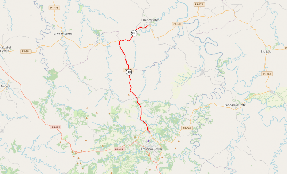 Mapa indicando trechos da PR-180 e PR-281 entre Francisco Beltrão e Dois Vizinhos