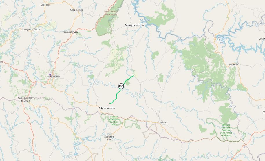 Mapa destacando trecho da PR-459 entre Clevelândia e Mangueirinha