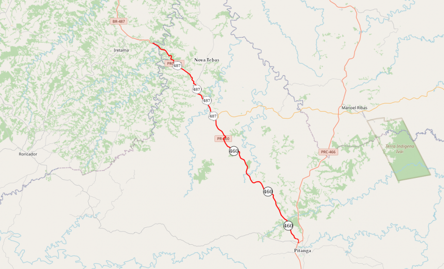 Mapa indicando trechos da PRC-487 e PR-460 que serão objetos de audiência pública