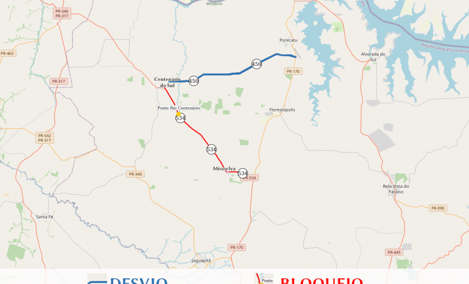 Mapa indicando localização da ponte e sugestão de desvio