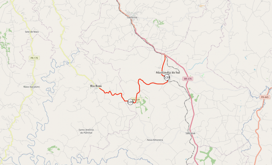Mapa indicando trecho da PR-539 que recebeu os serviços