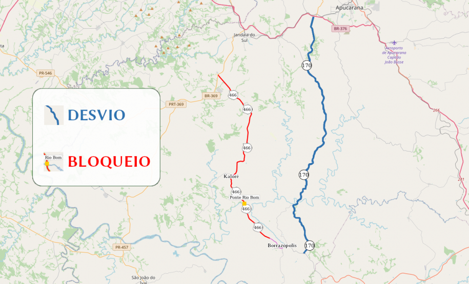 Mapa indicando a ponte e o trecho de desvio