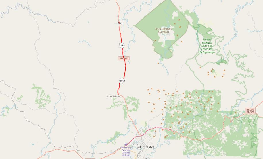 Mapa de trecho da PRC-466 entre Turvo e Palmeirinha, que será duplicado e restaurado