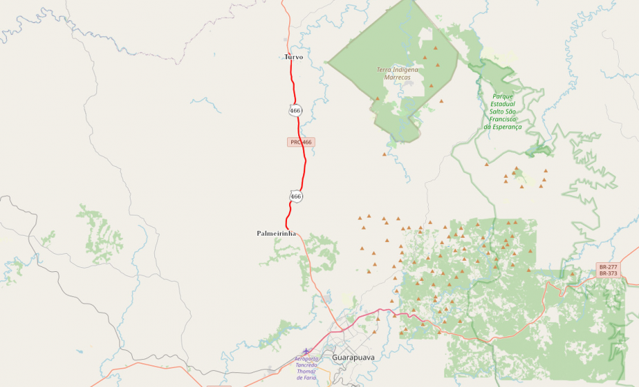 Mapa indicando trecho da PRC-466 entre Turvo e Palmeirinha