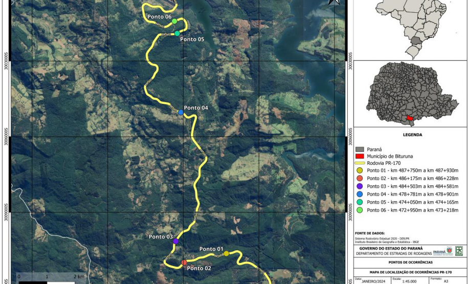 Mapa indicando os danos na PR-170