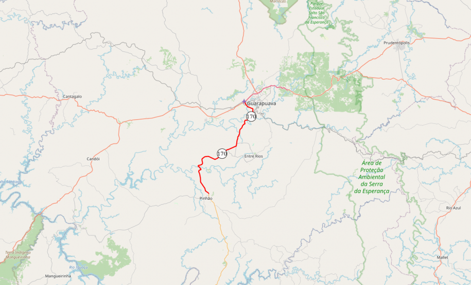Mapa indicando trecho da PR-170 que recebeu serviços de conservação da faixa de domínio