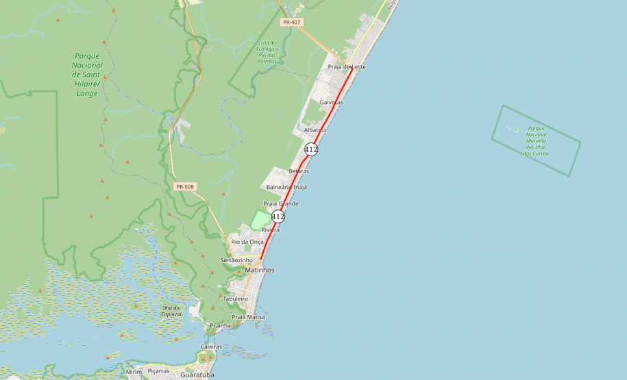 Mapa indicando trecho da PR-412 entre Matinhos e Praia de Leste
