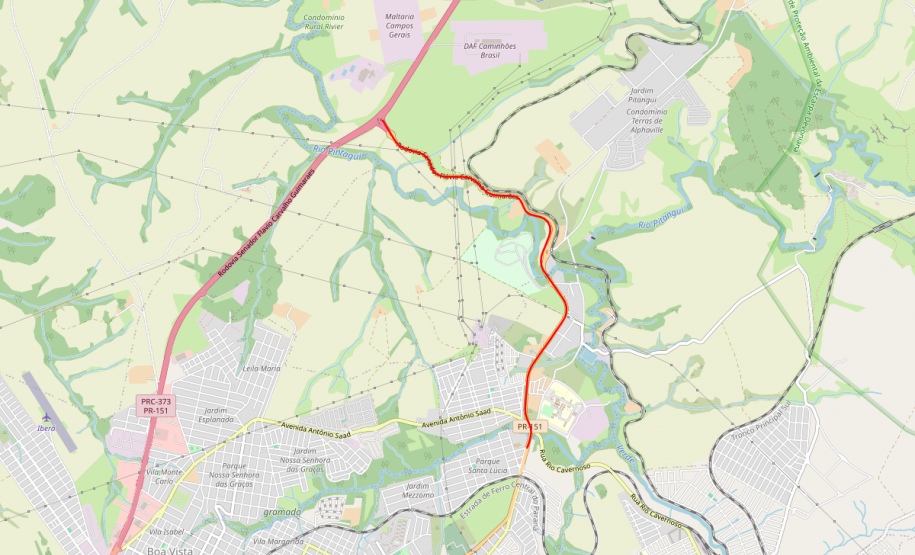 Mapa de trecho da PR-151 trecho que será objeto de anteprojeto de duplicação