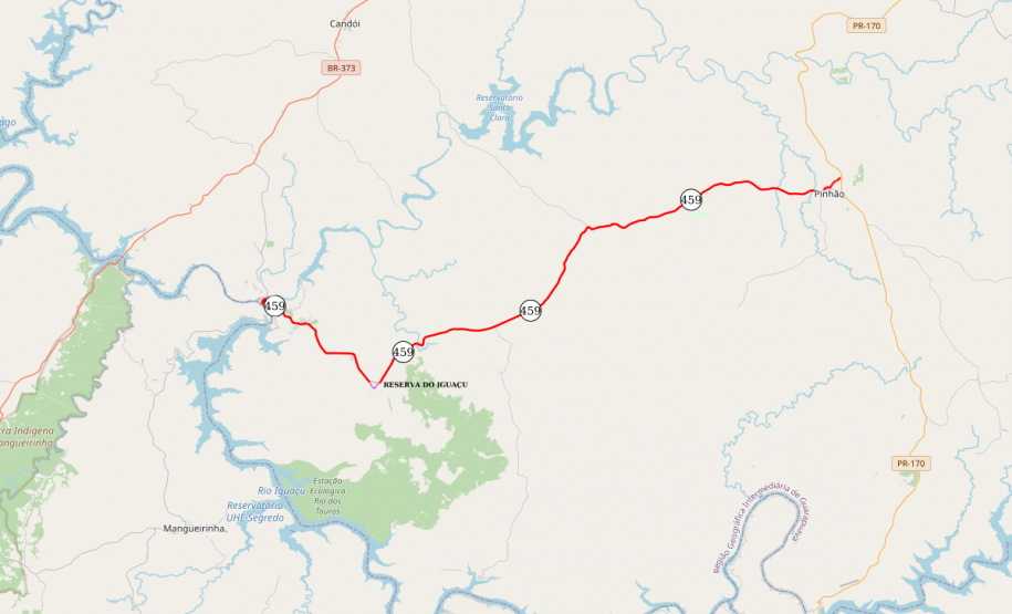 Mapa indicando trecho da PR-459 entre Pinhão e Reserva do Iguaçu