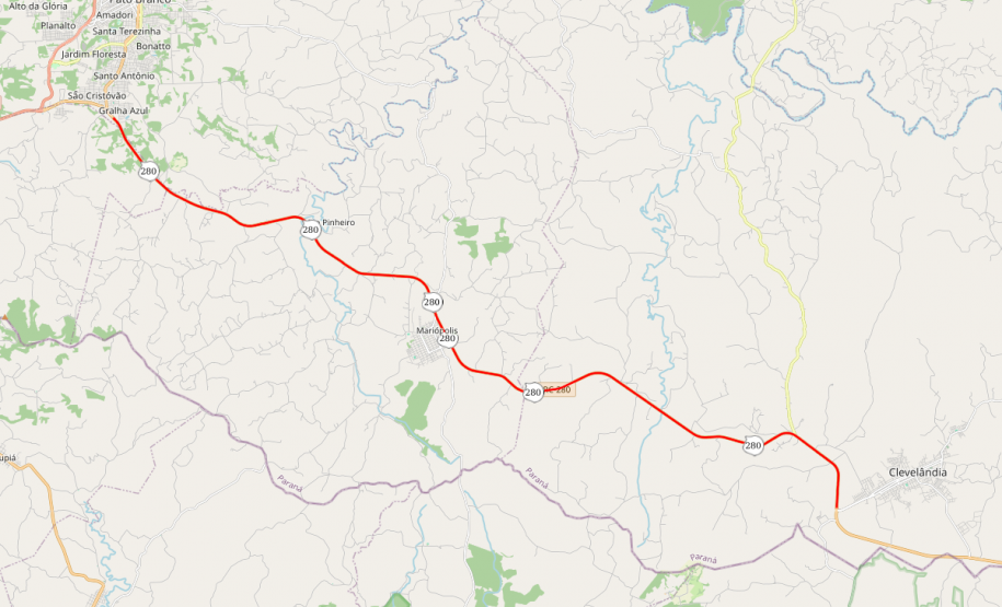 Mapa indicando trecho da PRC-280 entre Clevelândia e Pato Branco