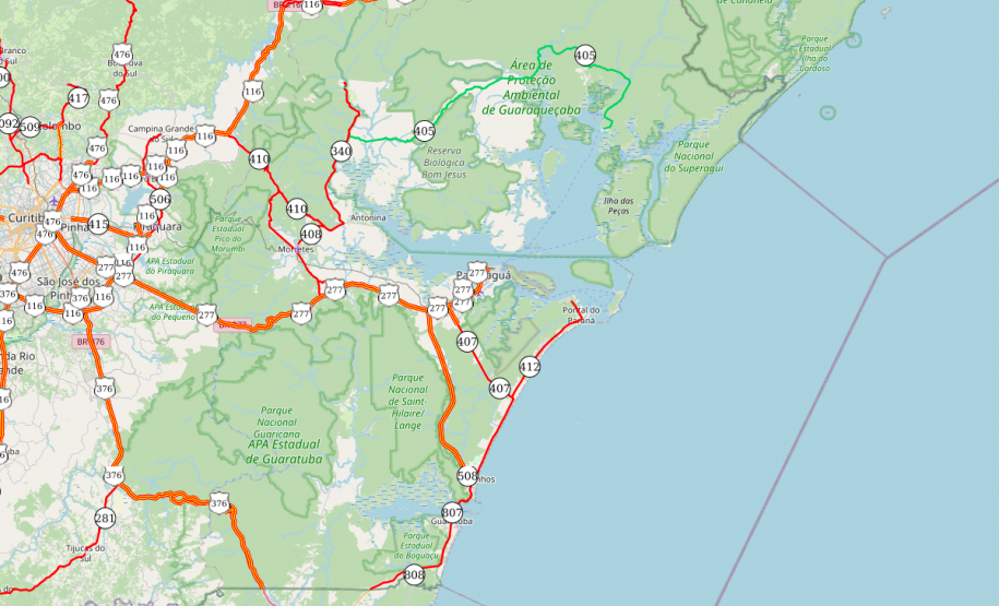 Mapa centralizado na malha rodoviária do Litoral