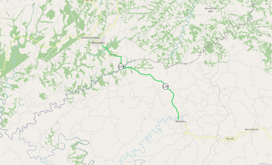 Mapa indicando trecho da PR-239 entre Mato Rico e Roncador