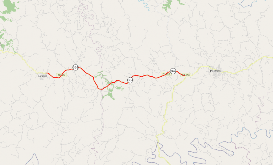 Mapa indicando trecho da PR-364 entre Palmital e Laranjal