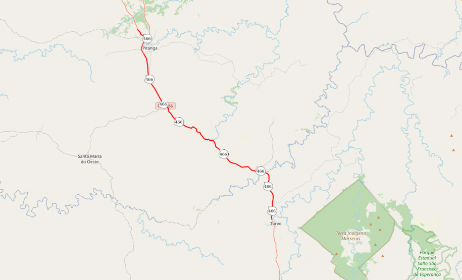 Mapa indicando trecho da PRC-466 entre Pitanga e Turvo