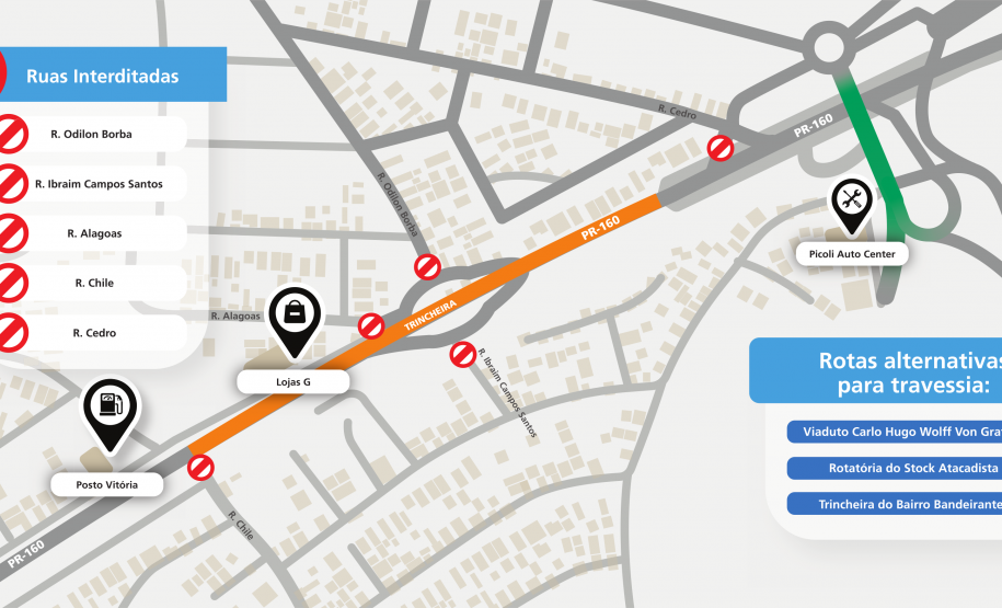 Croqui das ruas bloqueadas pela obra