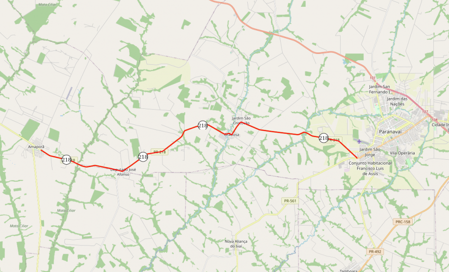 Mapa do trecho da PR-218 entre Paranavaí e Amaporã
