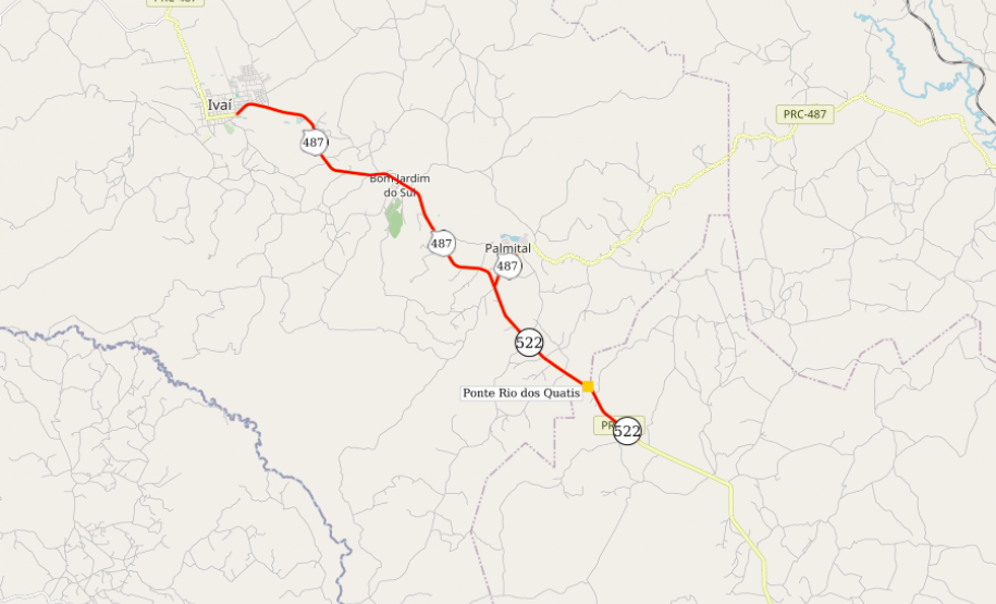 Mapa indicando trechos da PR-522 e PRC-487 onde serão realizados os serviços