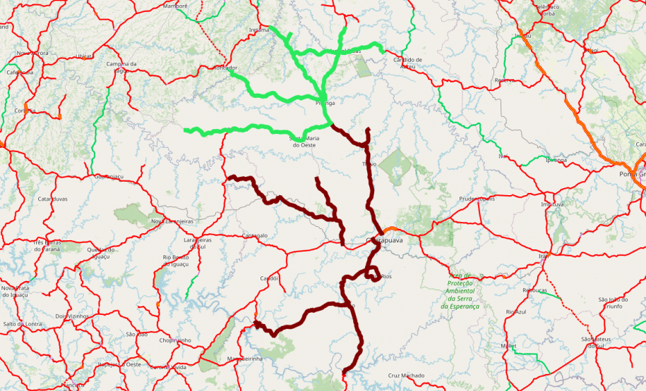 Mapa indicando todos os trechos atendidos