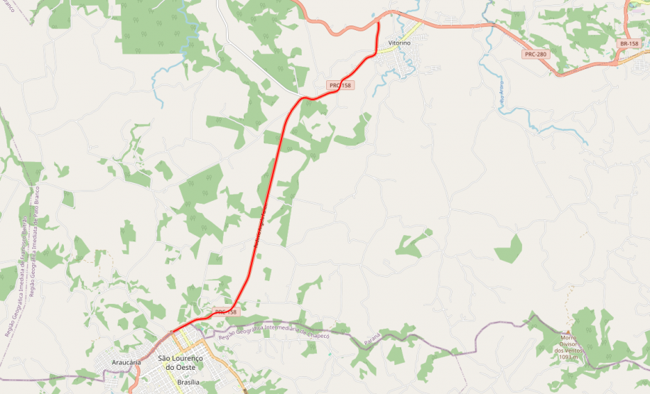 Mapa indicando trecho da PRC-158 entre Vitorino e Santa Catarina