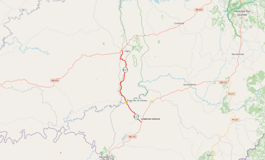 Mapa da PR-427 indicando a ponte do Rio da Várzea entre a Lapa e Campo do Tenente