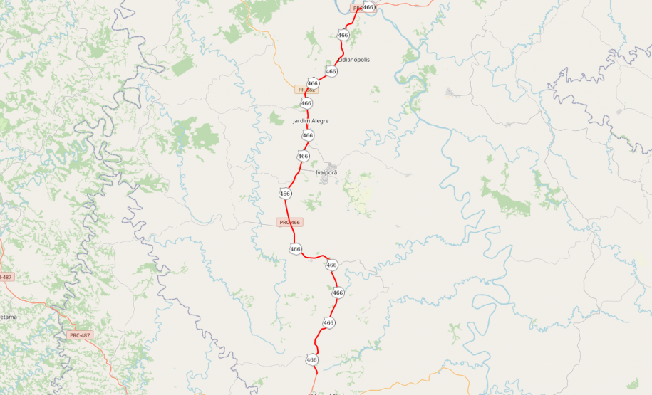 Mapa de trecho da PRC-466 entre Porto Ubá e Furnas