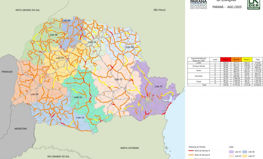 Mapa dos 10 lotes de serviços de operação de tráfego rodoviário