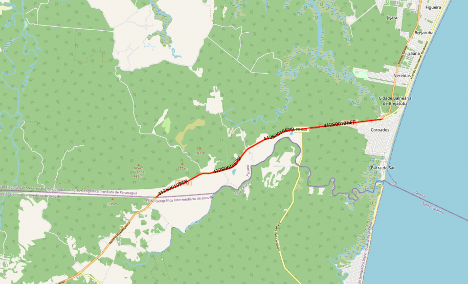 Mapa indicando trecho de obras na PR-412 em Guaratuba