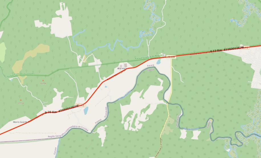 Mapa do trecho da PR-412 entre Guaratuba e Santa Catarina