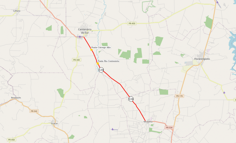 Mapa indicando as pontes da PR-534 que serão reformadas