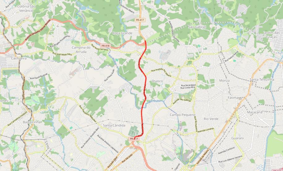 Mapa indicando trecho da PR-417 entre Curitiba e Colombo
