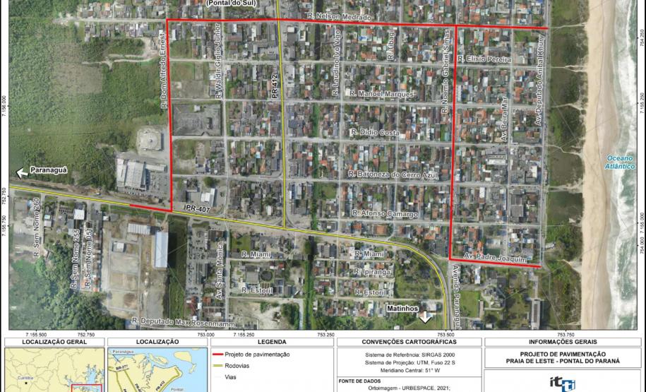 Mapa do Contorno de Praia de Leste em Pontal do Paraná