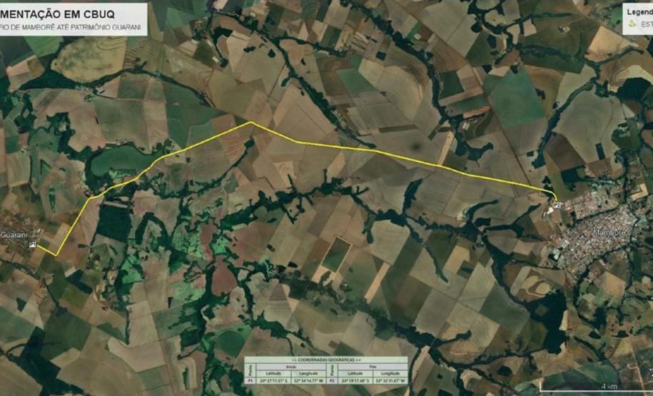 Mapa indicando a estrada de ligação entre Mamborê e o distrito Guarani