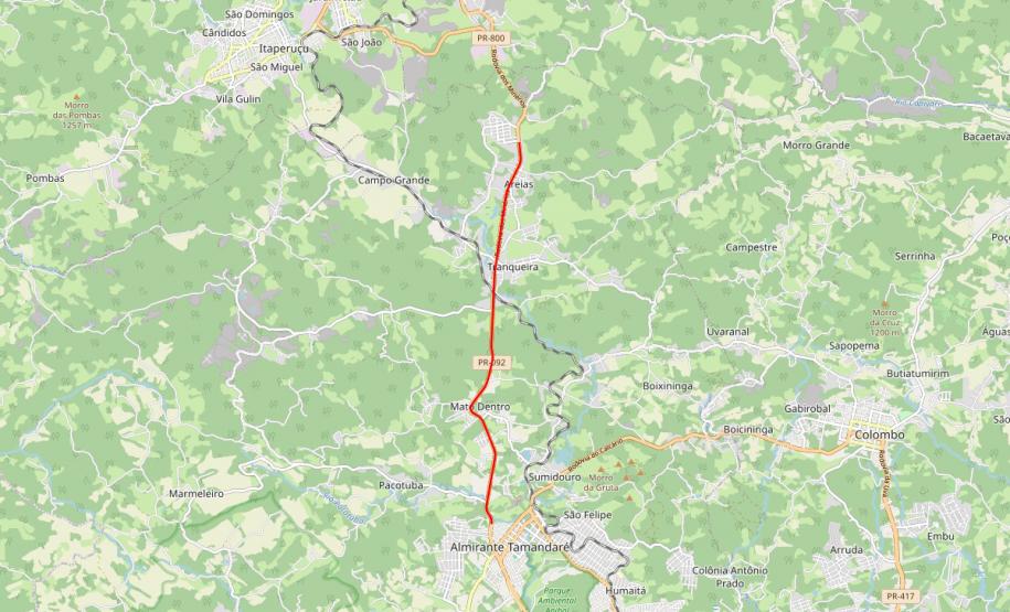 Mapa indicando trecho da obra na Rodovia dos Minérios