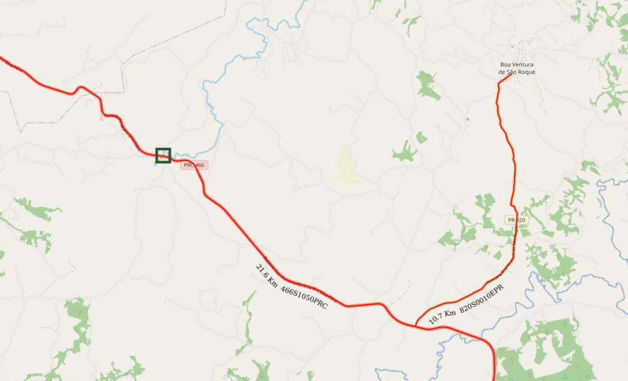 Mapa indicando local da ponte sobre o Rio Carazinho na PRC-466