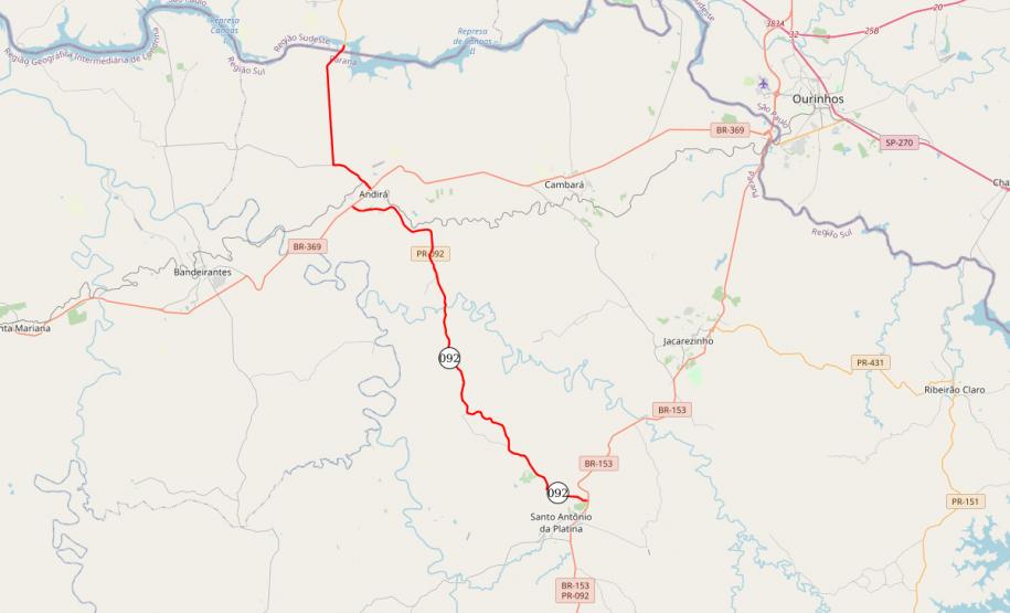 Mapa indicando trecho da PR-092 entre Santo Antonio da Platina e Andirá