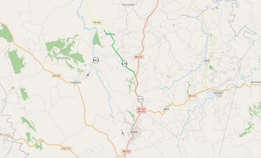 Mapa indicando trecho de PR-436 em Ibaiti que será pavimentado