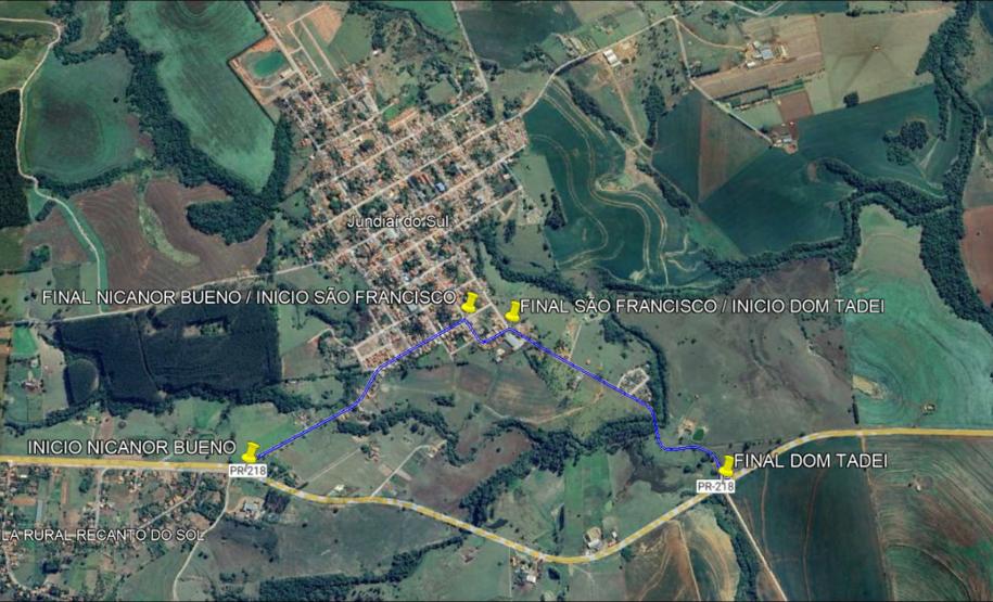 Mapa indicando as ruas municipais de Jundiaí do Sul que serão recuperadas