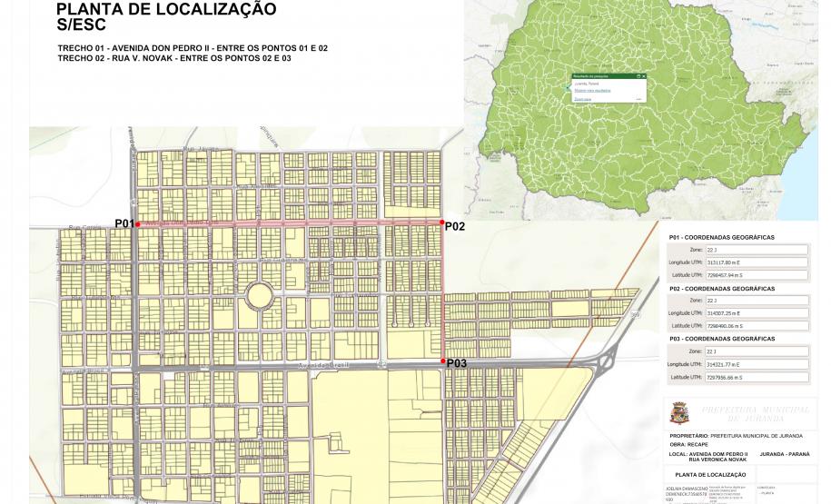 Mapa indicando os trechos da Av. Dom Pedro II e Rua Verônica Novak Roman