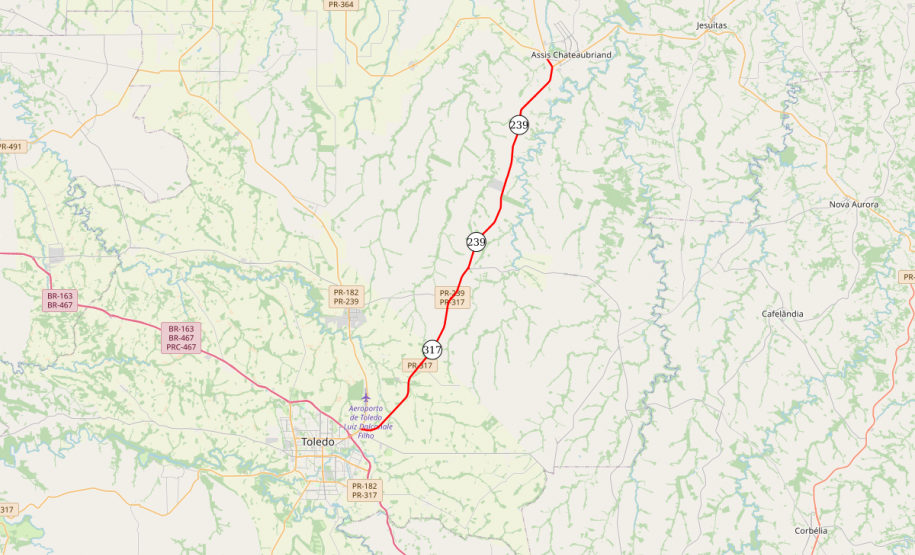 Mapa indicando trecho da PR-239 e PR-317 entre Toledo e Assis Chateaubriand