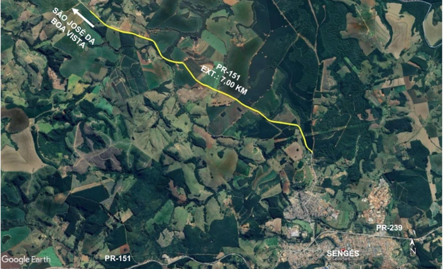 Mapa de trecho da PR-151 entre Sengés e São José da Boa Vista